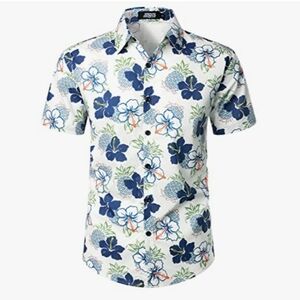 NWT JOGAL Men's Cotton Button Down Short Sleeve Hawaiian Shirt L